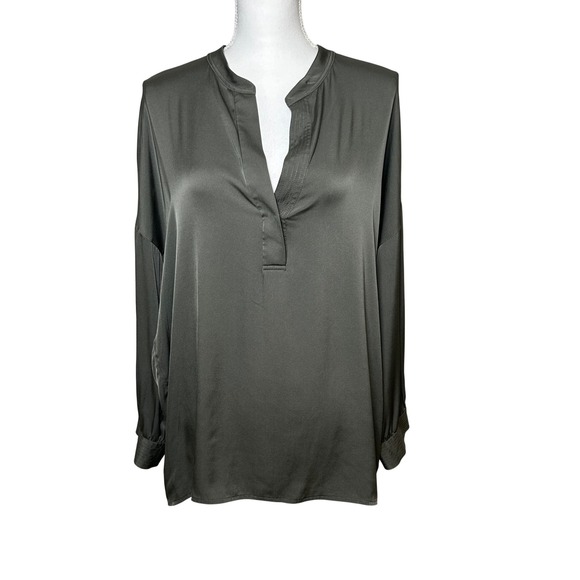 Vince Tops - Vince Women Shirred Drape Pullover Blouse Olive Green Silk Satin Pleated Back L